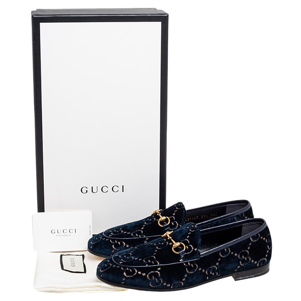 Women's Gucci Navy Blue GG Monogram Velvet Horsebit Jordaan Loafers Size 39.5