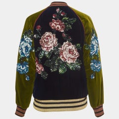 Gucci Navy Blue/Green Floral Sequined Bomber Jacket M