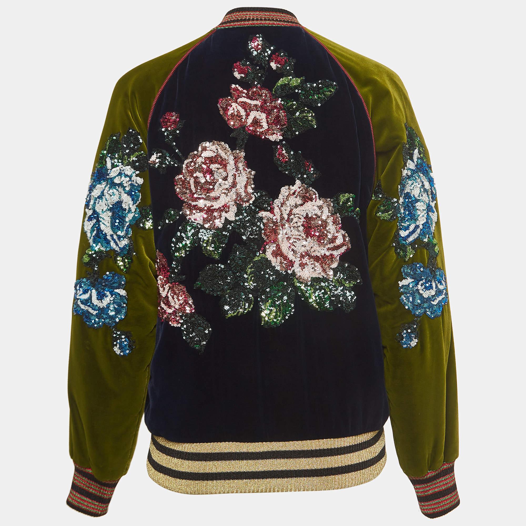 Gucci Navy Blue/Green Floral Sequined Bomber Jacket M In Good Condition For Sale In Dubai, Al Qouz 2
