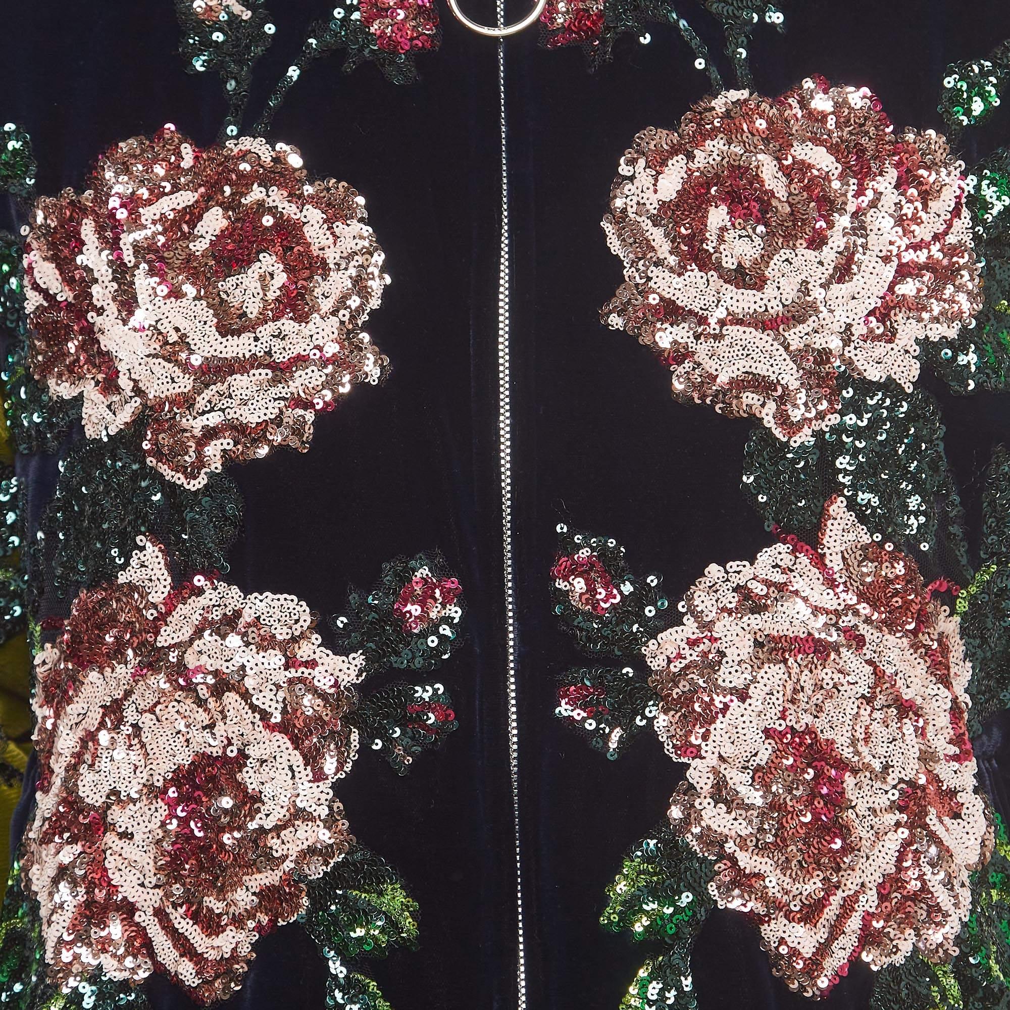 Black Gucci Navy Blue/Green Floral Sequined Bomber Jacket M For Sale