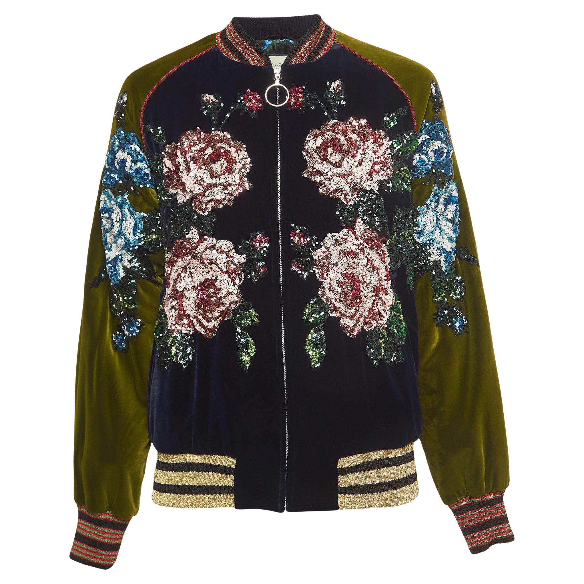 Gucci Navy Blue/Green Floral Sequined Bomber Jacket M For Sale