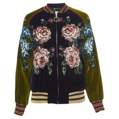 Used Gucci Navy Blue/Green Floral Sequined Bomber Jacket M