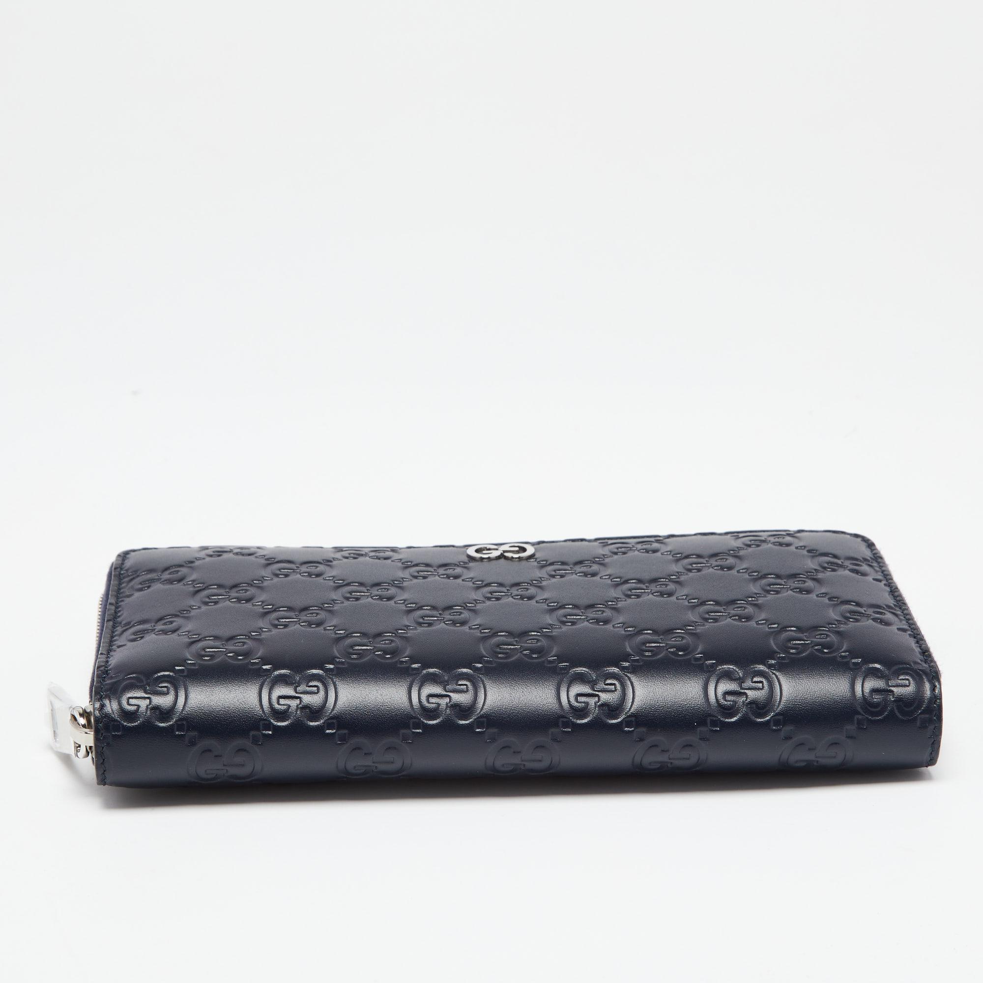 Black Gucci Navy Blue Guccissima Leather GG Signature Zip Around Continental Wallet