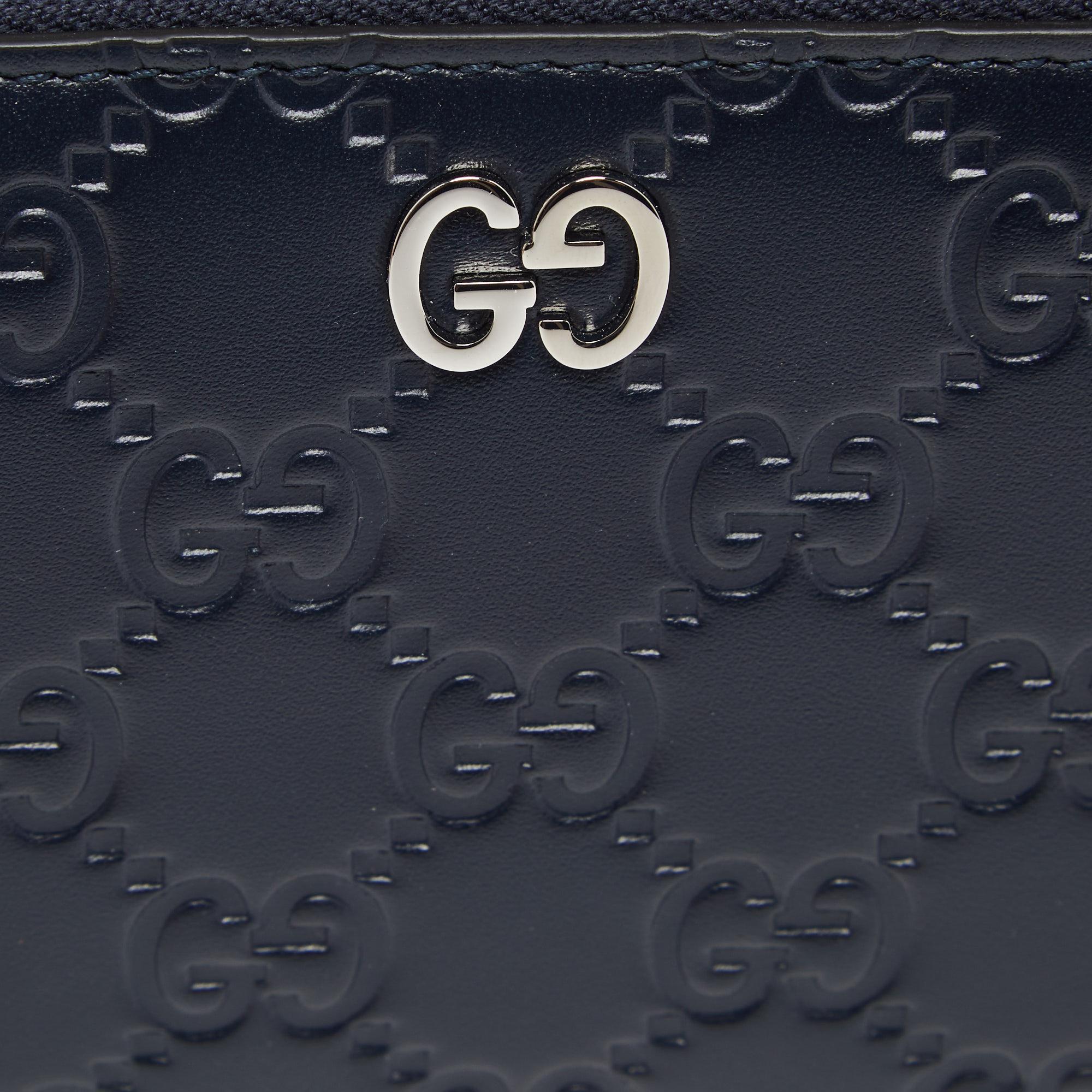Women's Gucci Navy Blue Guccissima Leather GG Signature Zip Around Continental Wallet
