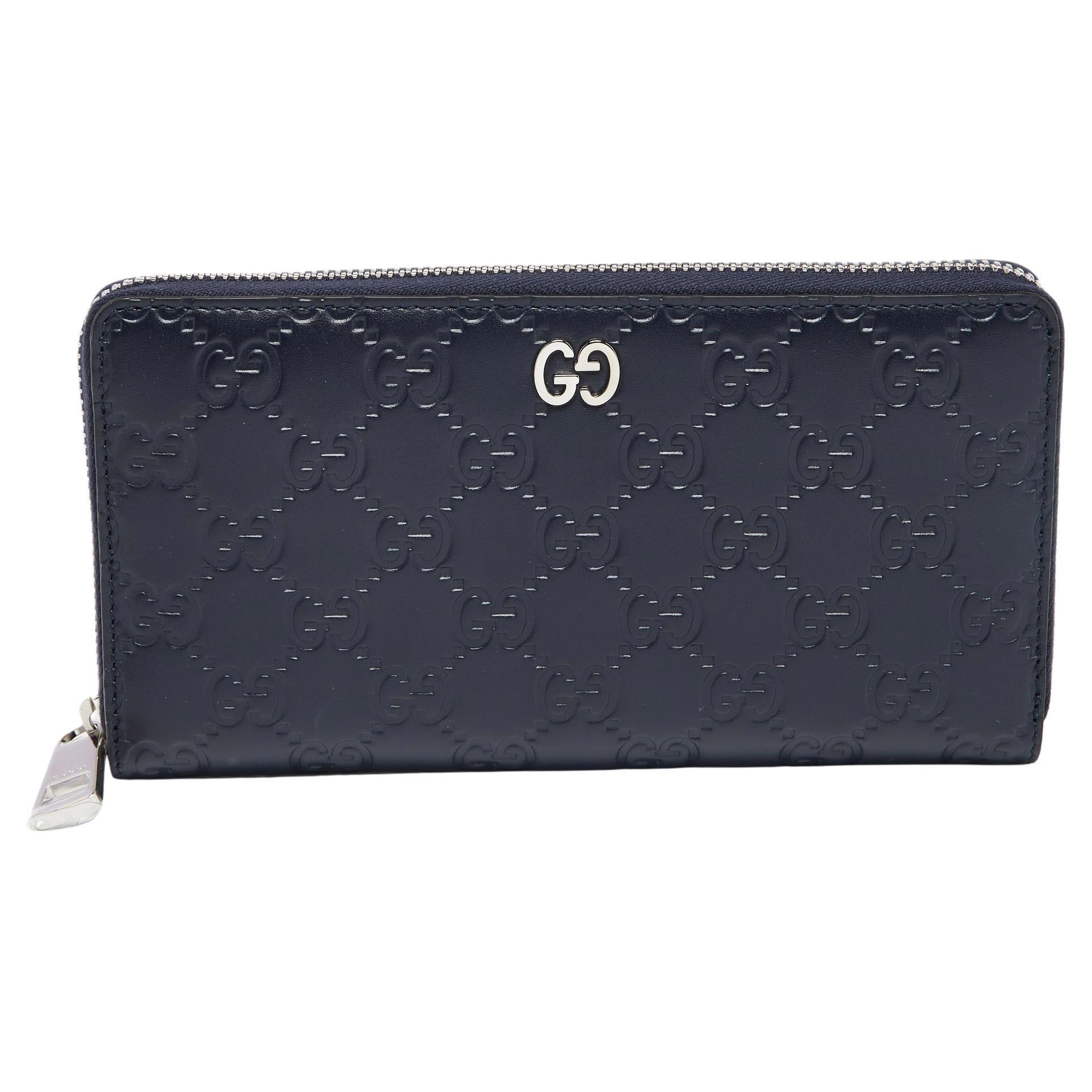 Gucci Navy Blue Guccissima Leather GG Signature Zip Around Continental Wallet