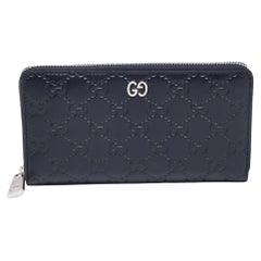 Gucci Navy Blue Guccissima Leather GG Signature Zip Around Continental Wallet