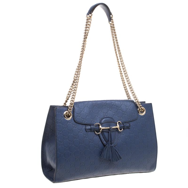 Women's Gucci Navy Blue Guccissima Leather Large Emily Chain Shoulder Bag