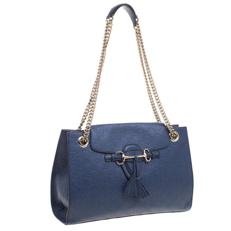 Gucci Navy Blue Guccissima Leather Large Emily Chain Shoulder Bag For Sale at 1stdibs