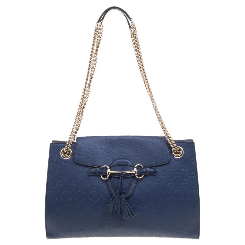 Gucci Navy Blue Guccissima Leather Large Emily Chain Shoulder Bag