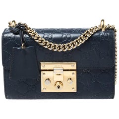 Gucci Navy Blue Guccissima Leather Small Padlock Shoulder Bag