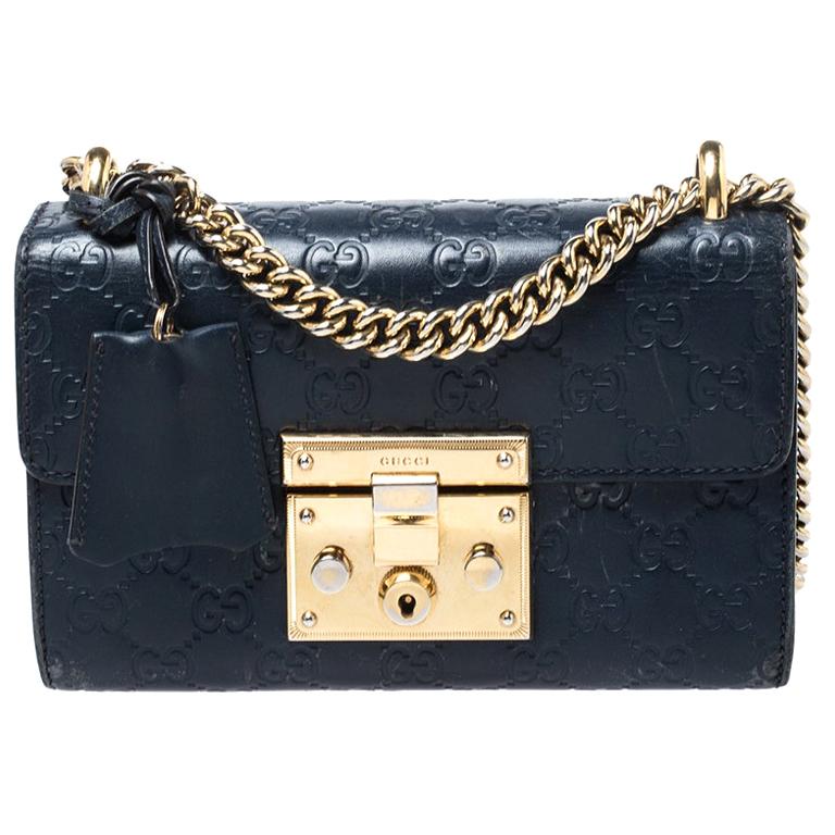 Gucci Navy Blue Guccissima Leather Small Padlock Shoulder Bag