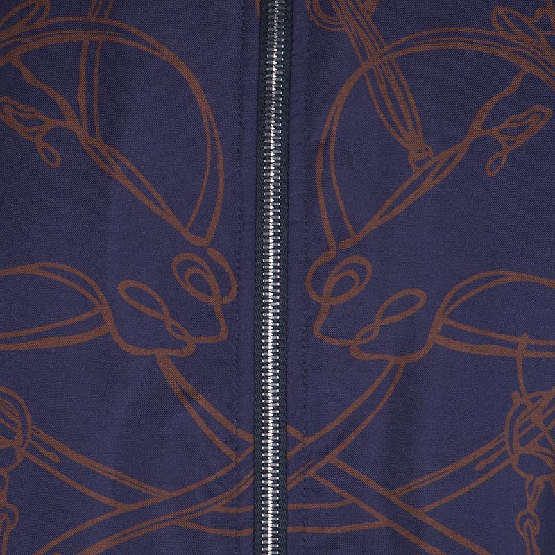 Men's Gucci Navy Blue Horse Printed Silk Zip Front Bomber Jacket M
