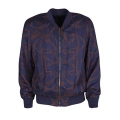Gucci Navy Blue Horse Printed Silk Zip Front Bomber Jacket M