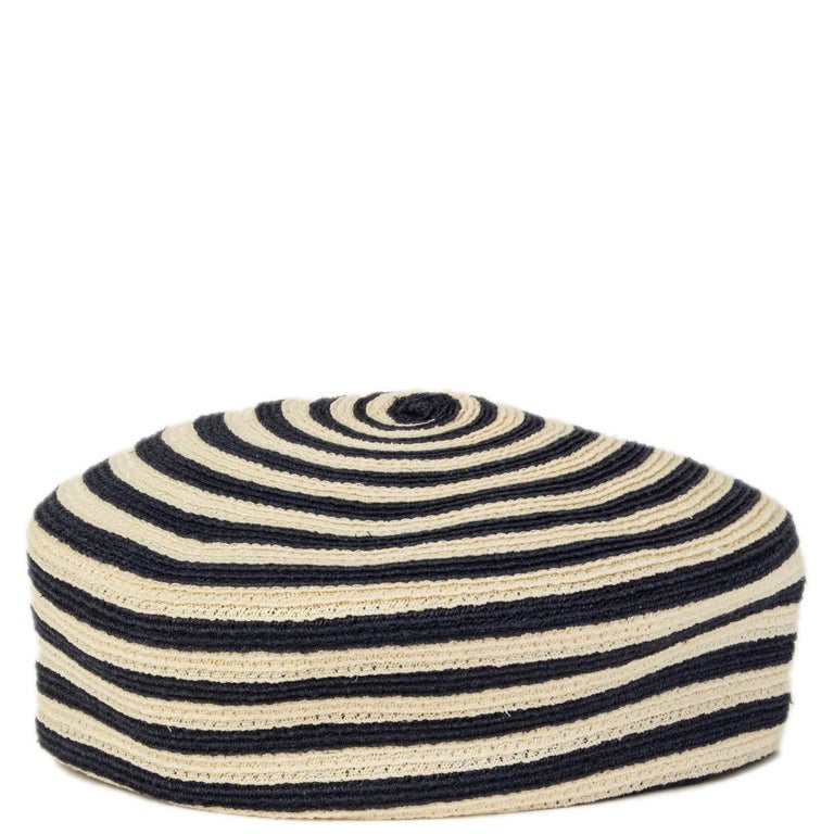 GUCCI navy blue and ivory STRIPED Hemp Beret Hat 57 / M at  display picture 1