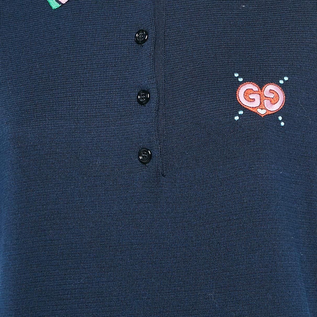 Black Gucci Navy Blue Knit Embroidered Mini Dress L