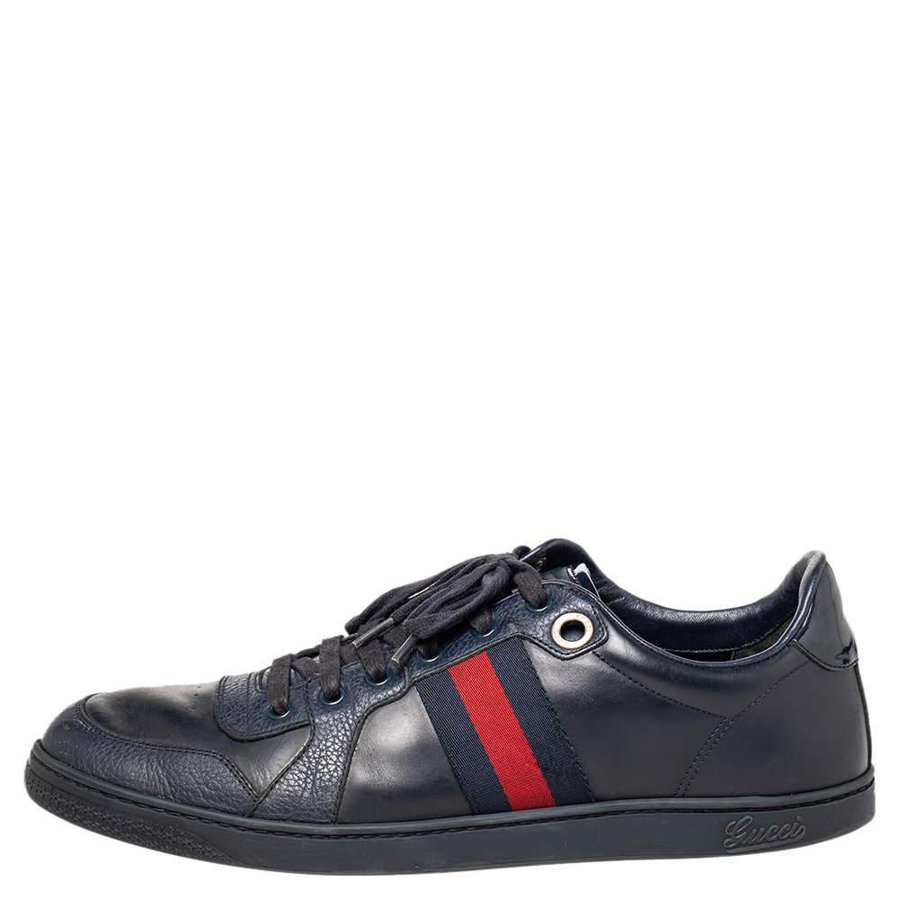 Men's Gucci Navy Blue Leather And Canvas Web Low Top Sneakers Size 44 For Sale