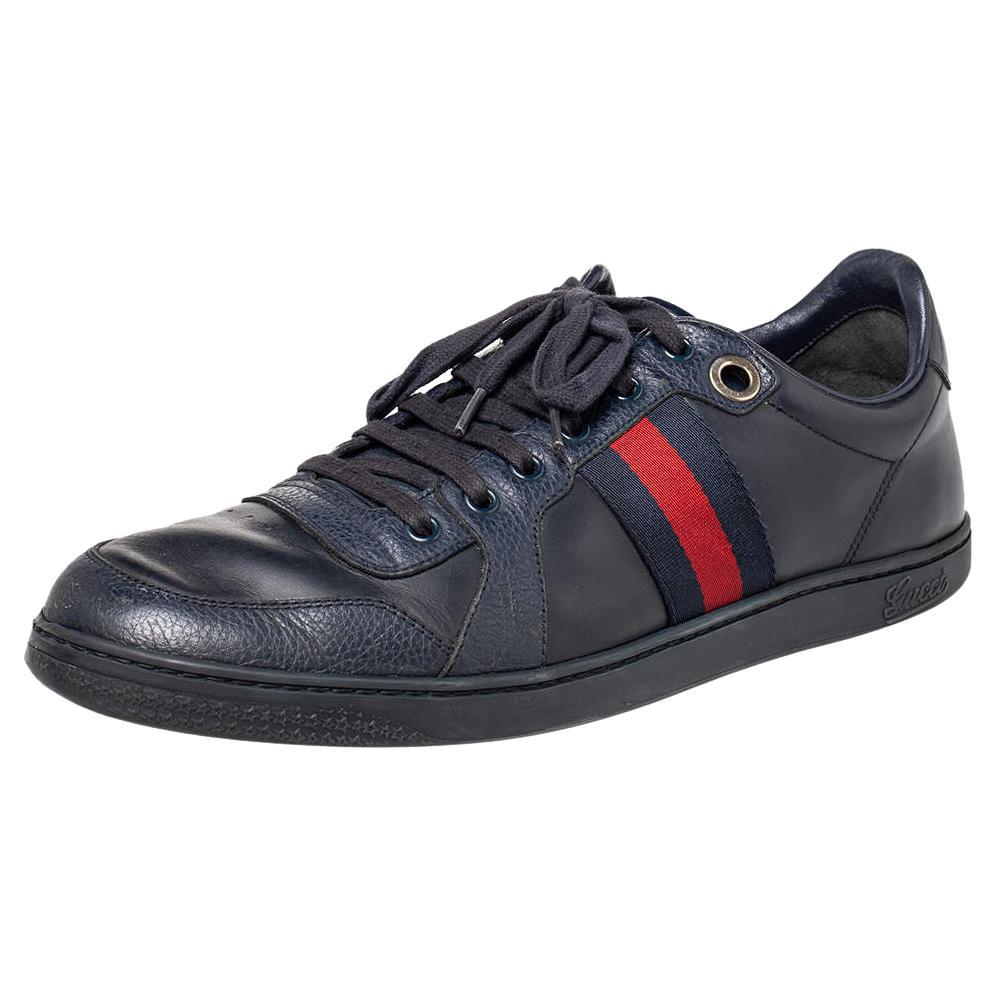 Gucci Navy Blue Leather And Canvas Web Low Top Sneakers Size 44 For Sale