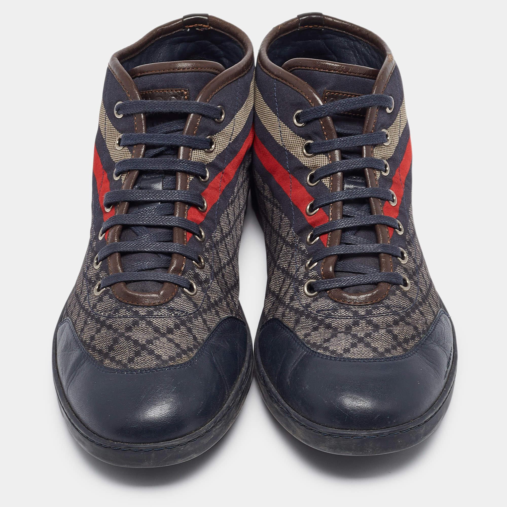 Black Gucci Navy Blue Leather and Diamante Web Print Nylon High Top Sneakers Size 42.5