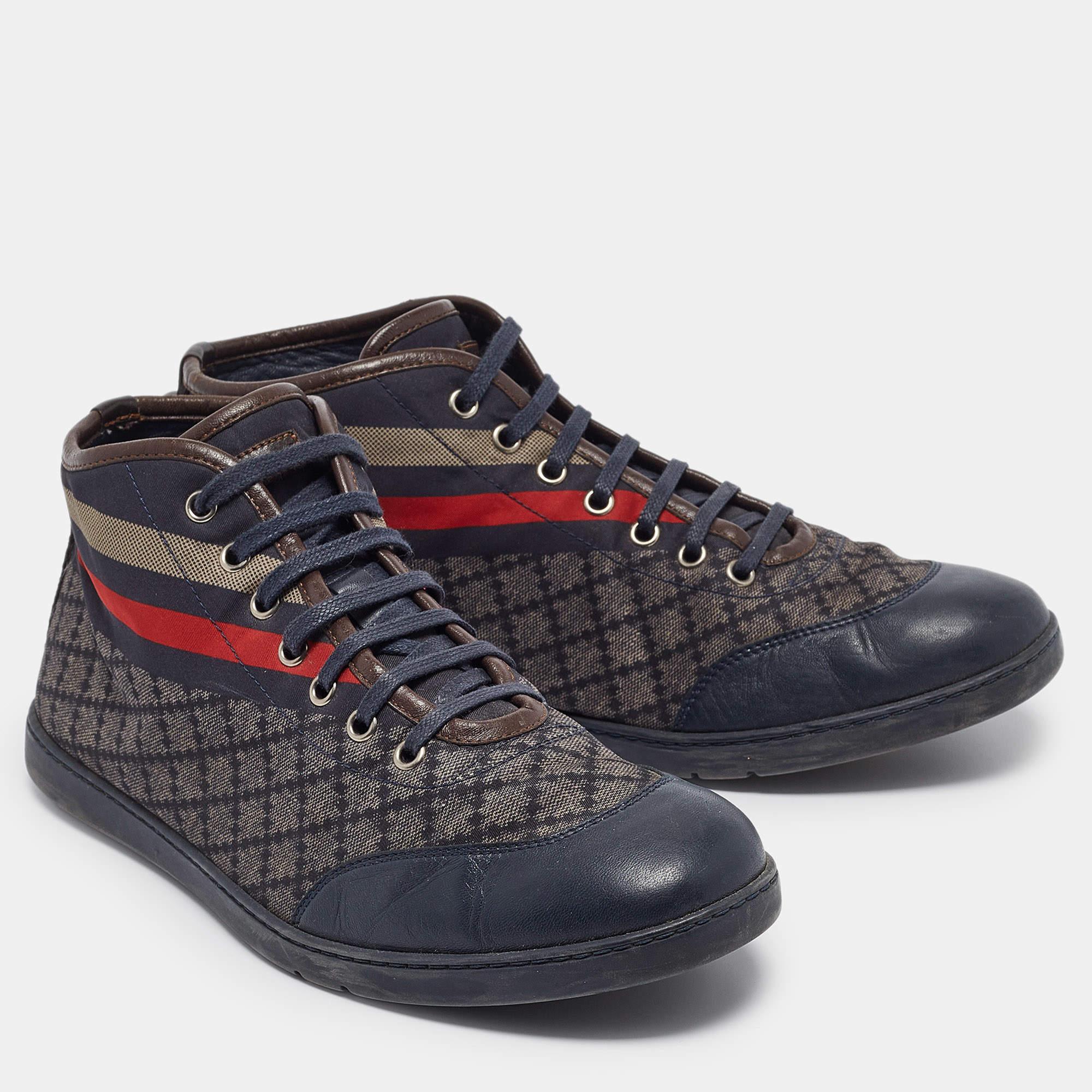 Gucci Navy Blue Leather and Diamante Web Print Nylon High Top Sneakers Size 42.5 In Fair Condition In Dubai, Al Qouz 2