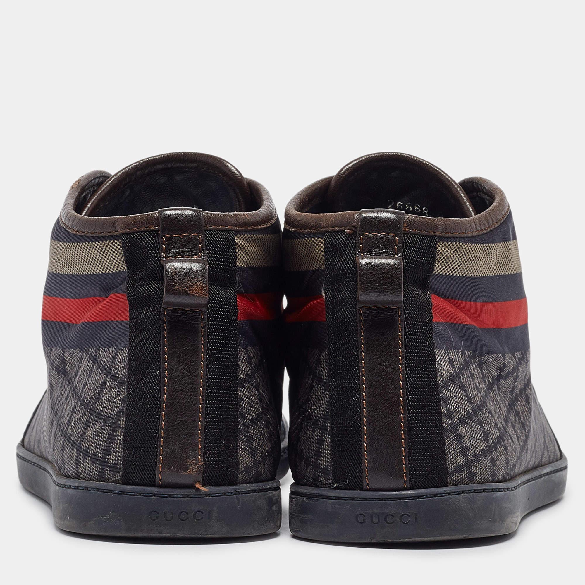 Men's Gucci Navy Blue Leather and Diamante Web Print Nylon High Top Sneakers Size 42.5