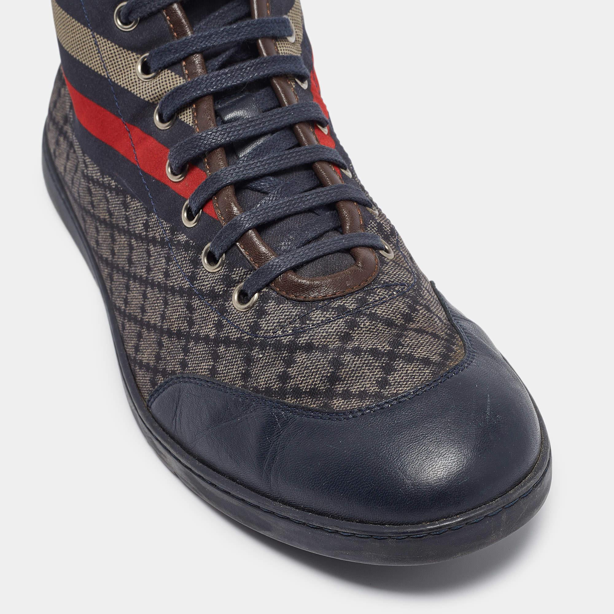 Gucci Navy Blue Leather and Diamante Web Print Nylon High Top Sneakers Size 42.5 2