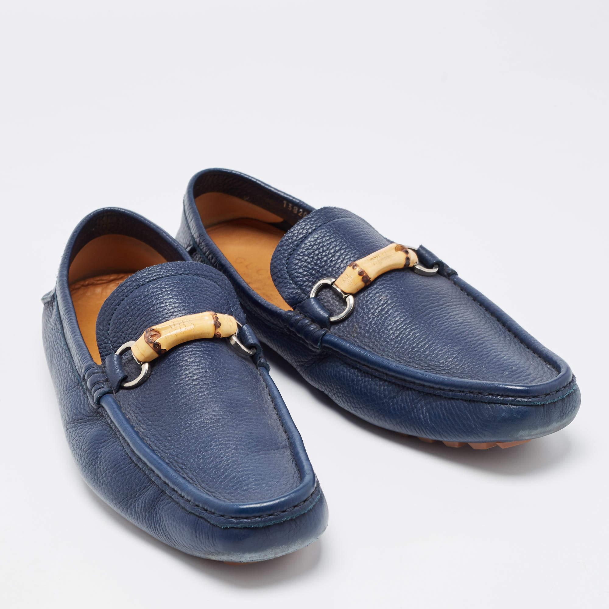 Gucci Navy Blue Leather Bamboo Horsebit Loafers Size 45.5 In Good Condition In Dubai, Al Qouz 2
