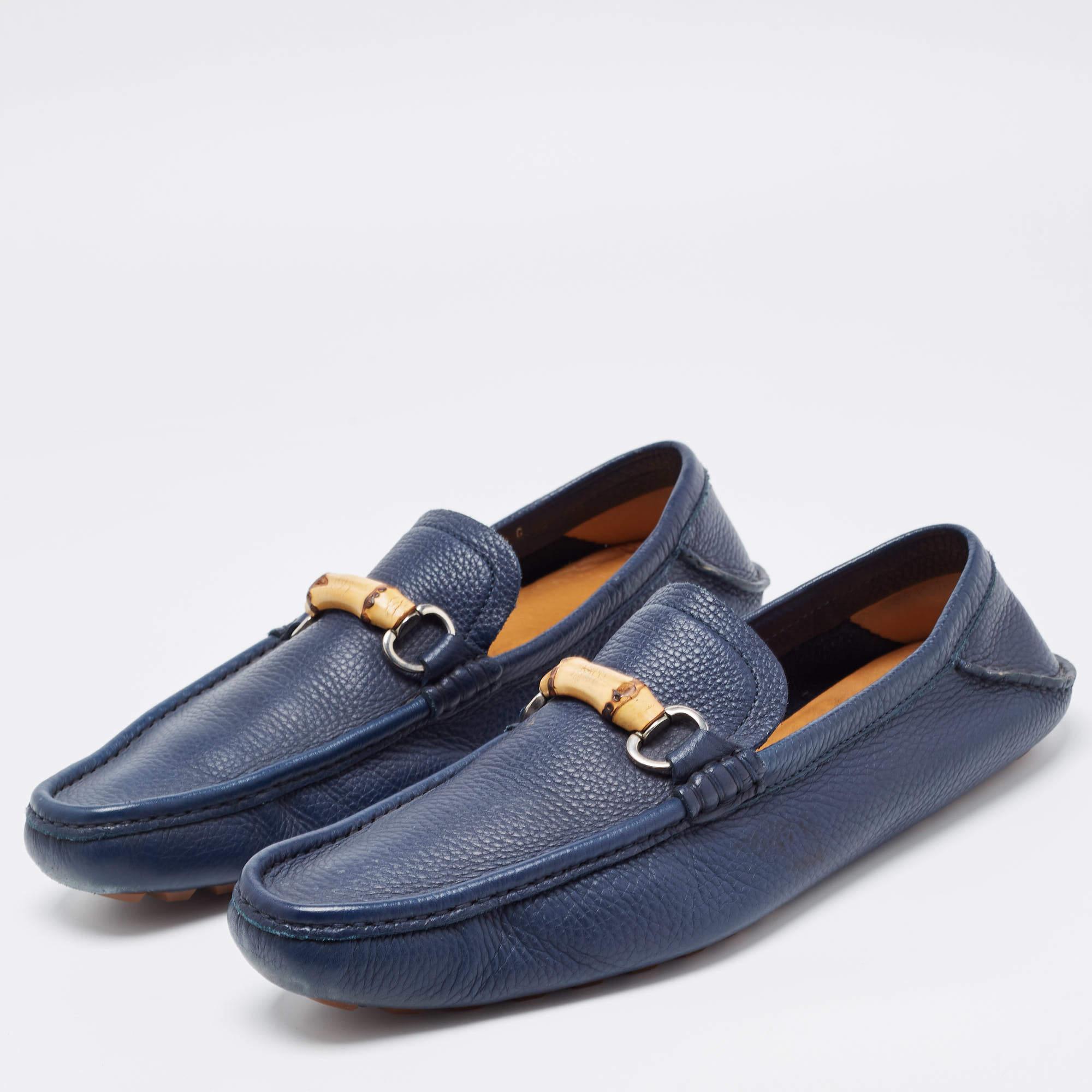 Men's Gucci Navy Blue Leather Bamboo Horsebit Loafers Size 45.5