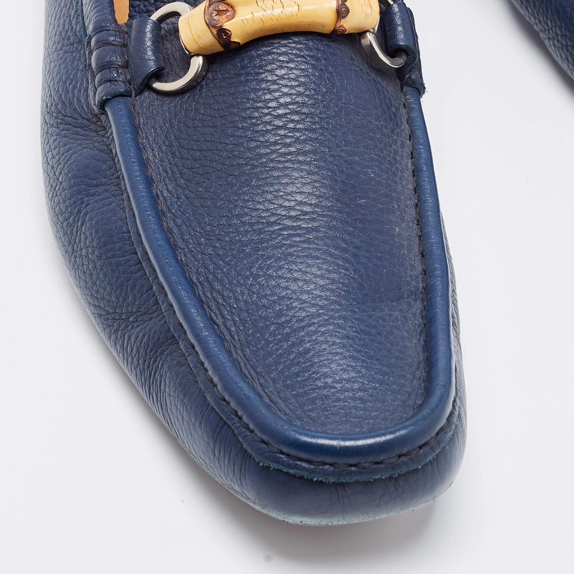 Gucci Navy Blue Leather Bamboo Horsebit Loafers Size 45.5 2