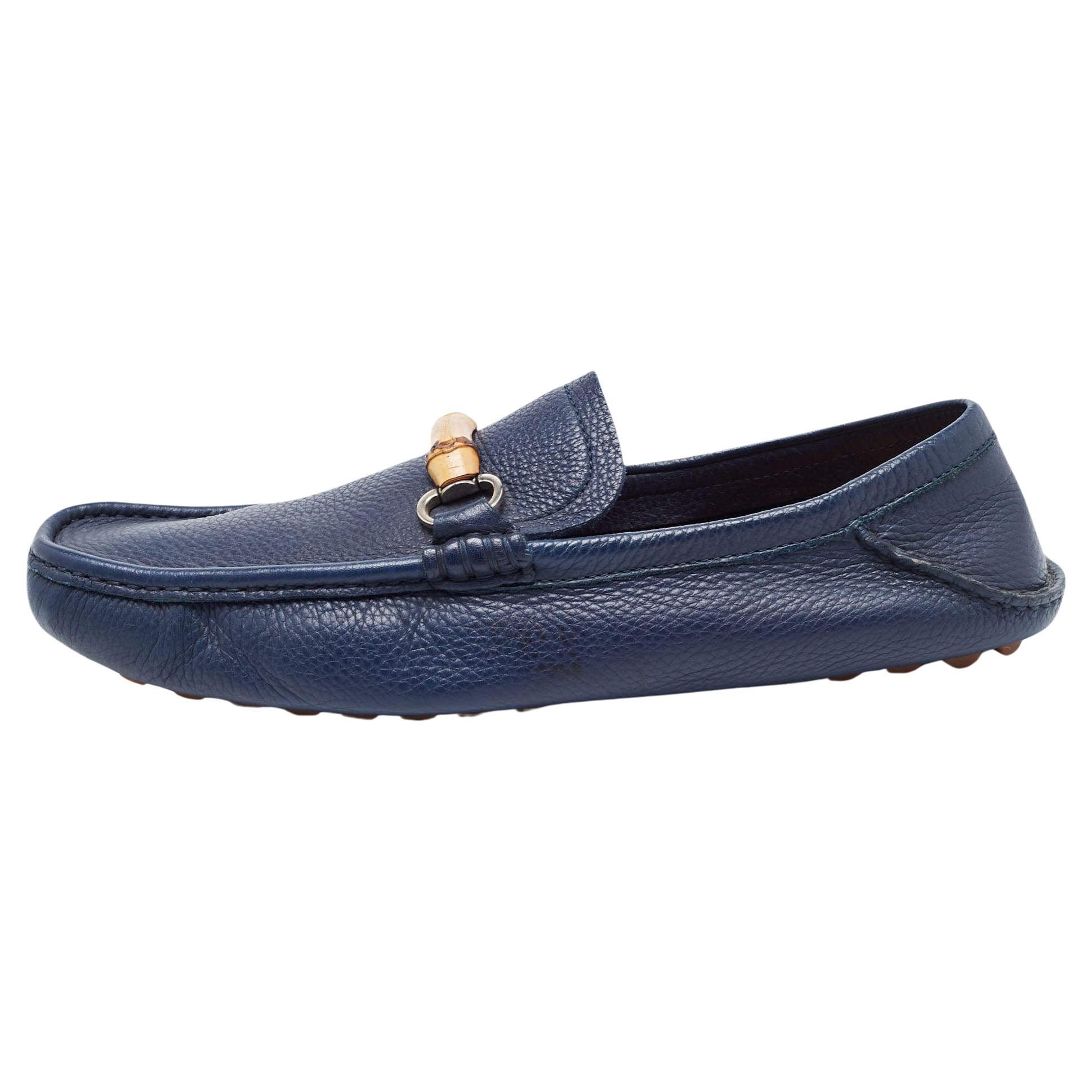 Gucci Navy Blue Leather Bamboo Horsebit Loafers Size 45.5