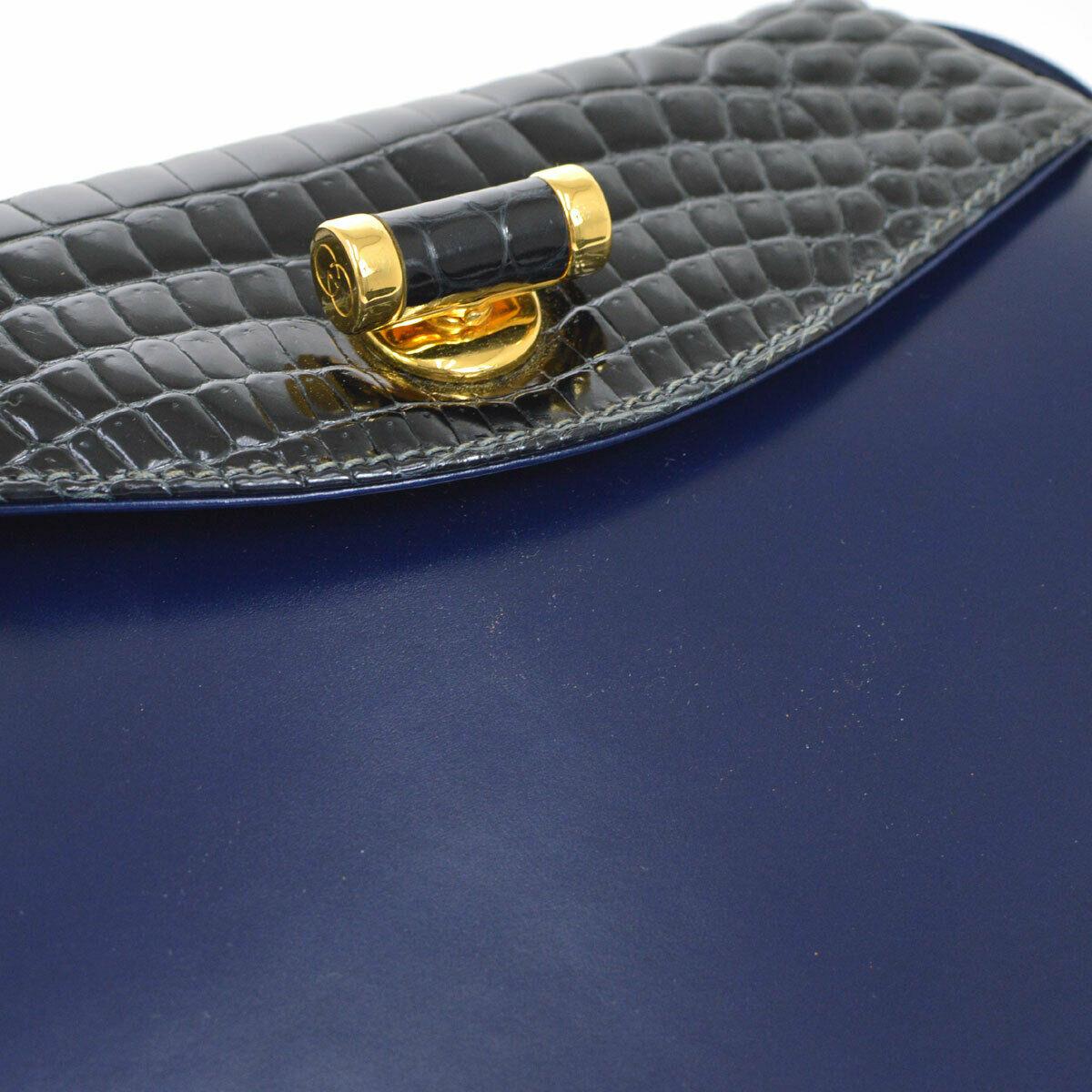 Women's Gucci Navy Blue Leather Crocodile Trim Saddle Evening Shoulder Flap Bag in Box