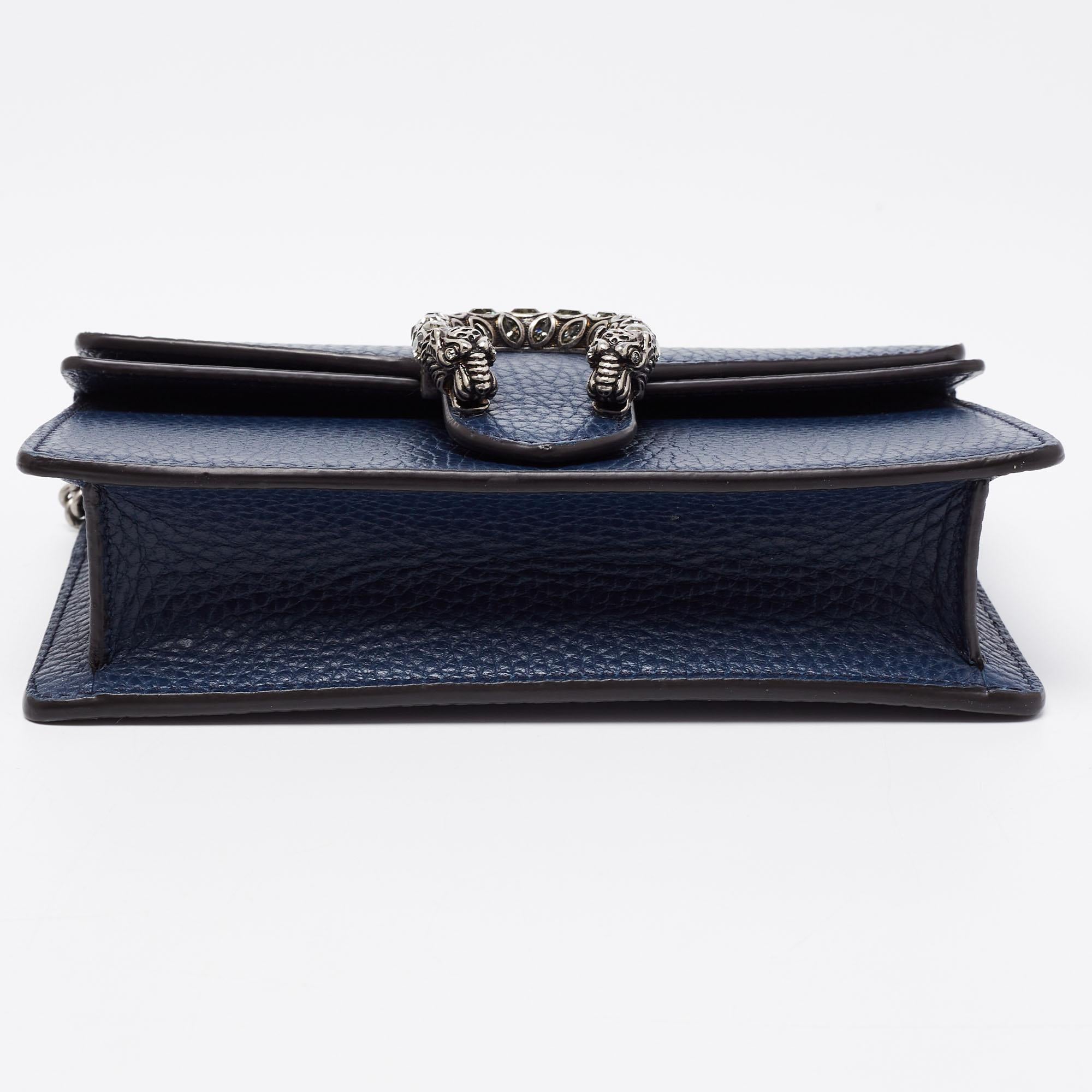 Black Gucci Navy Blue Leather Dionysus Super Mini Wallet on Chain