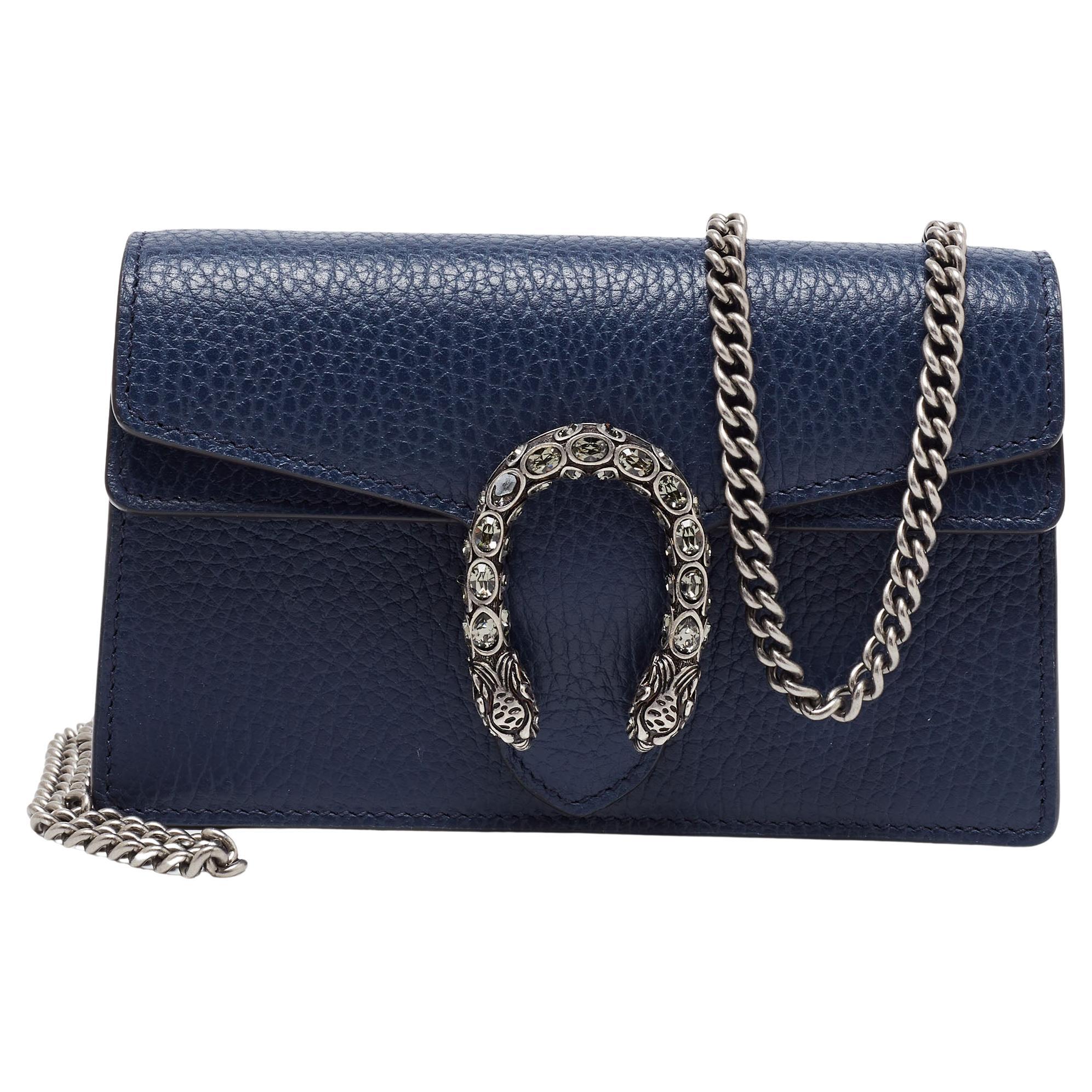 Gucci Navy Blue Leather Dionysus Super Mini Wallet on Chain