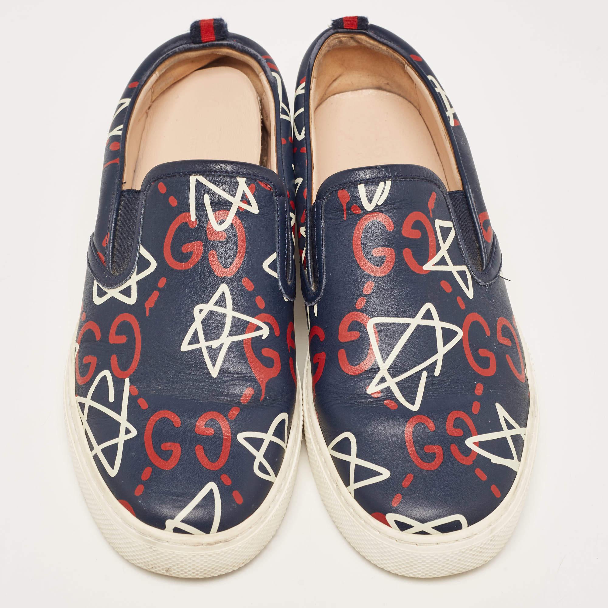 Beige Gucci Navy Blue Leather Dublin Ghost Sneakers Size 41.5 For Sale
