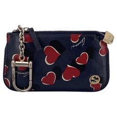 Gucci Navy Blue Leather Heart Logo Leather Key Chain Zip Pouch