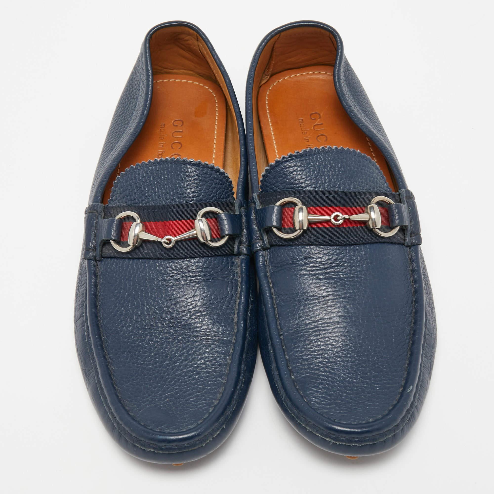 Black Gucci Navy Blue Leather Horsebit Slip On Loafers Size 42.5