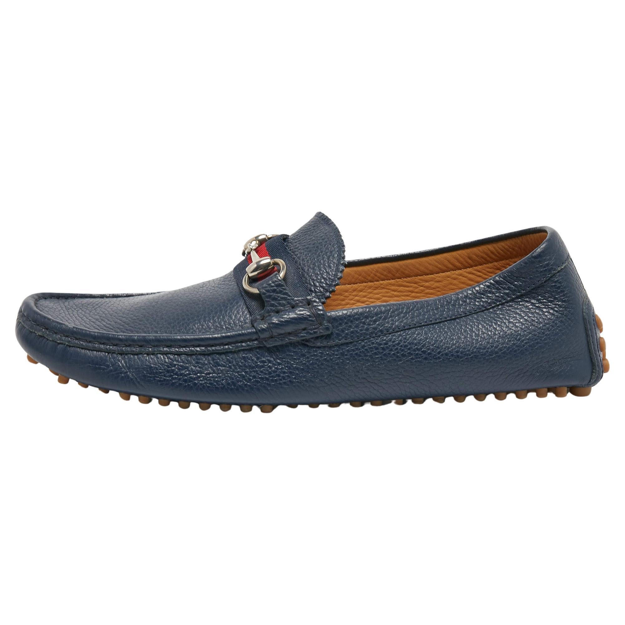 Gucci Navy Blue Leather Horsebit Slip On Loafers Size 42.5