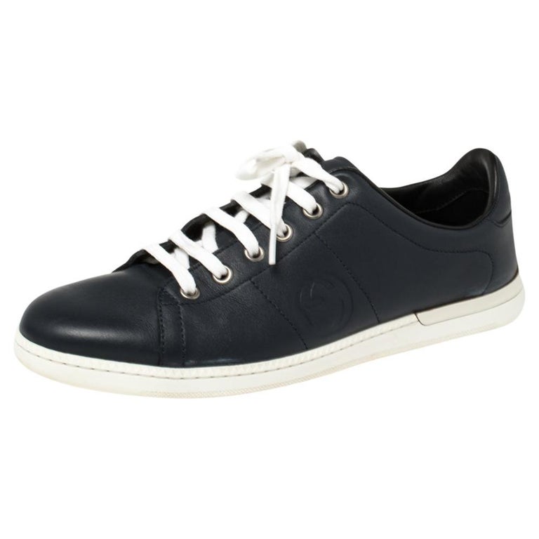 Gucci Navy Blue Leather Low Sneakers 37.5 For Sale at 1stDibs