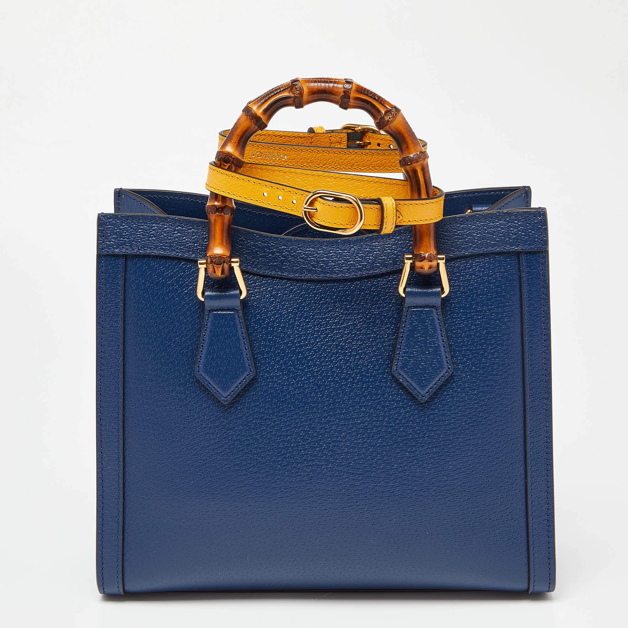 You are going to love owning this Diana tote from Gucci as it is well-made and brimming with luxury. The Diana tote has been crafted from leather and lined with Alcantara on the insides. It has a navy blue shade and two bamboo handles for you to