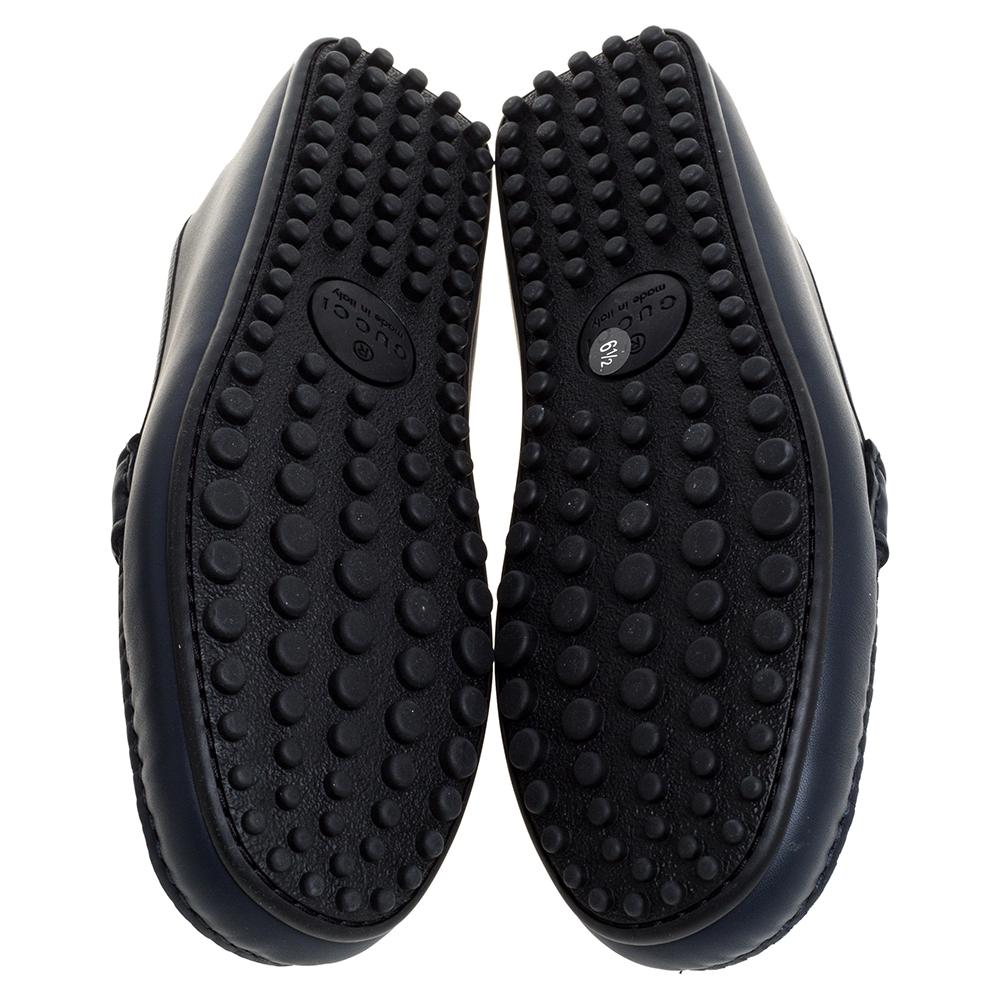 Gucci Navy Blue Leather Web Horsebit Loafers Size 40.5 In New Condition In Dubai, Al Qouz 2