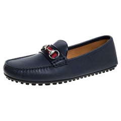 Gucci Navy Blue Leather Web Horsebit Loafers Size 40.5