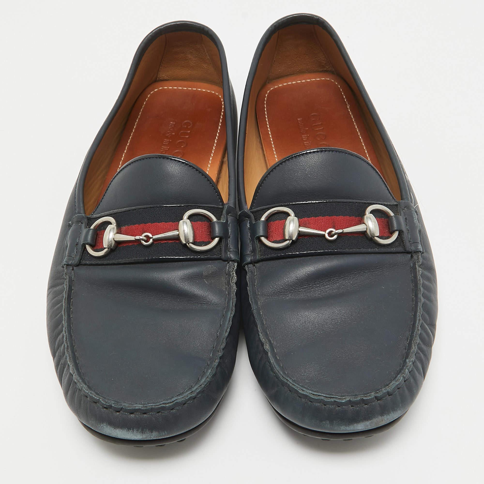 Gucci Navy Blue Leather Web Horsebit Loafers Size 45.5 In Good Condition In Dubai, Al Qouz 2