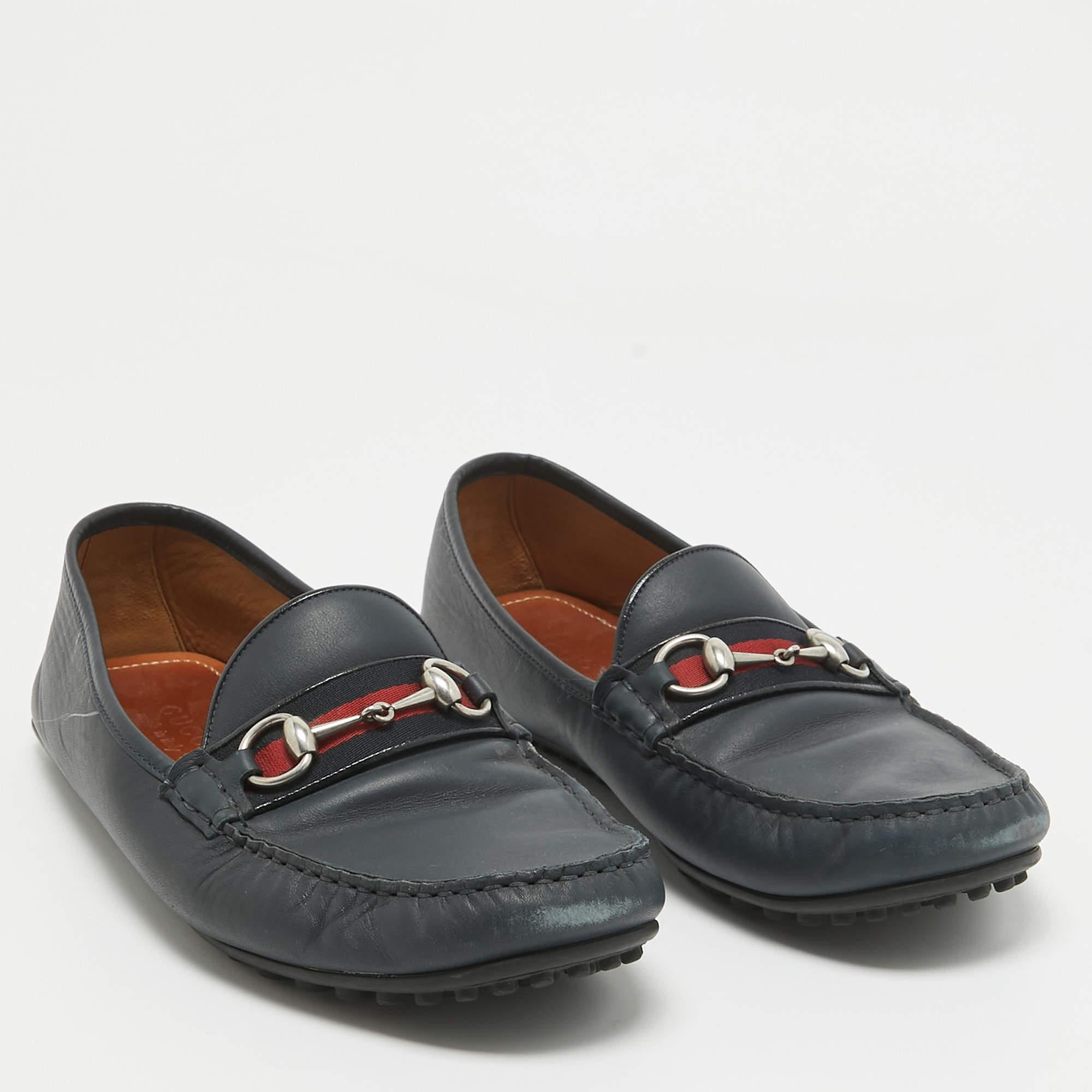 Gucci Navy Blue Leather Web Horsebit Loafers Size 45.5 1