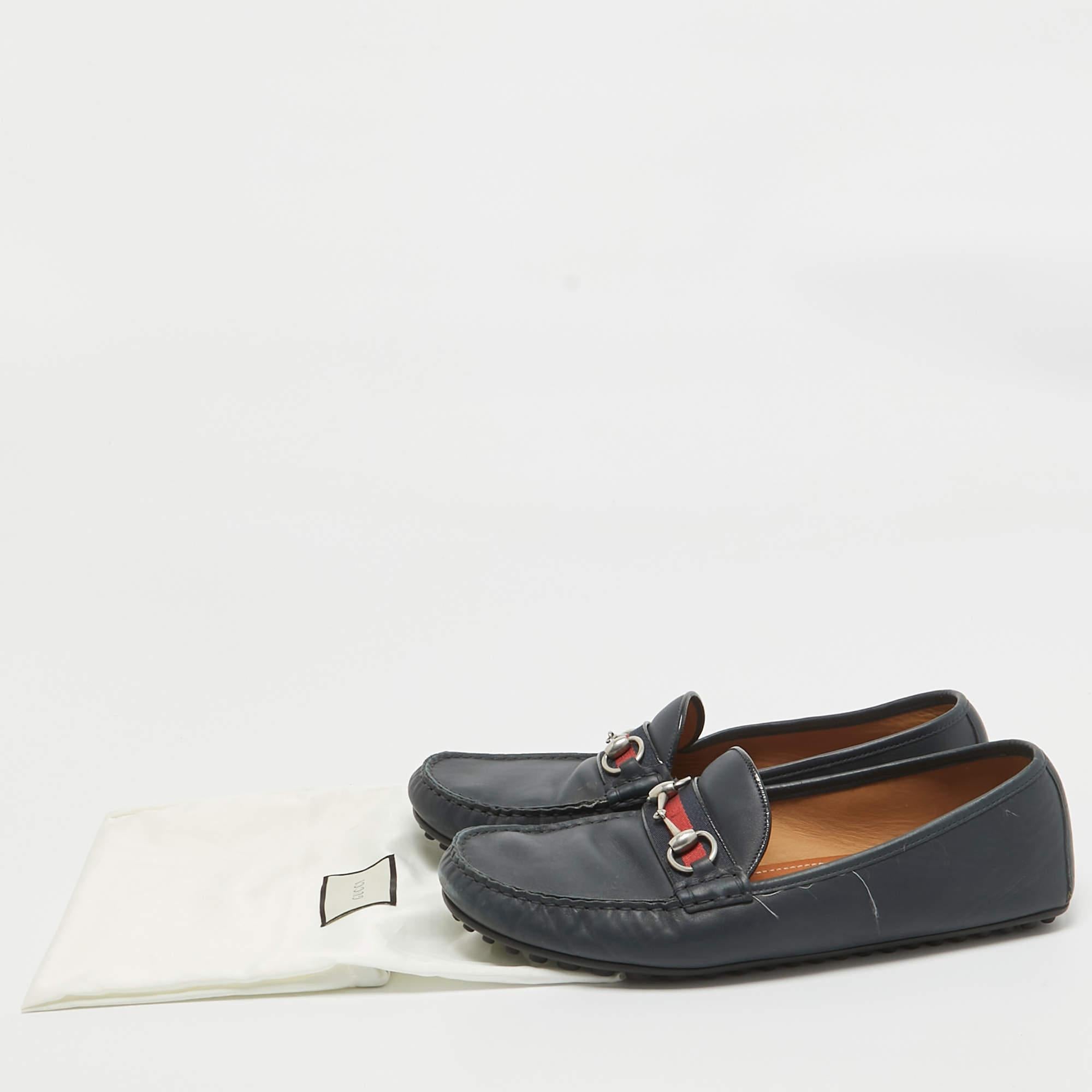 Gucci Navy Blue Leather Web Horsebit Loafers Size 45.5 4