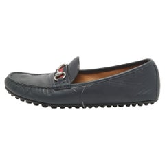 Gucci Navy Blue Leather Web Horsebit Loafers Size 45.5