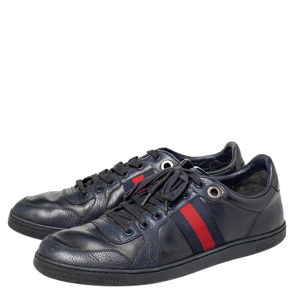 Gucci Azul Marino Cuero Web Low Top Sneakers Talla 44 en Bueno Estado en Dubai, Al Qouz 2