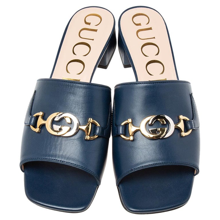 Gucci Navy Blue Leather Zumi GG Interlocking Slide Sandals Size 39 at