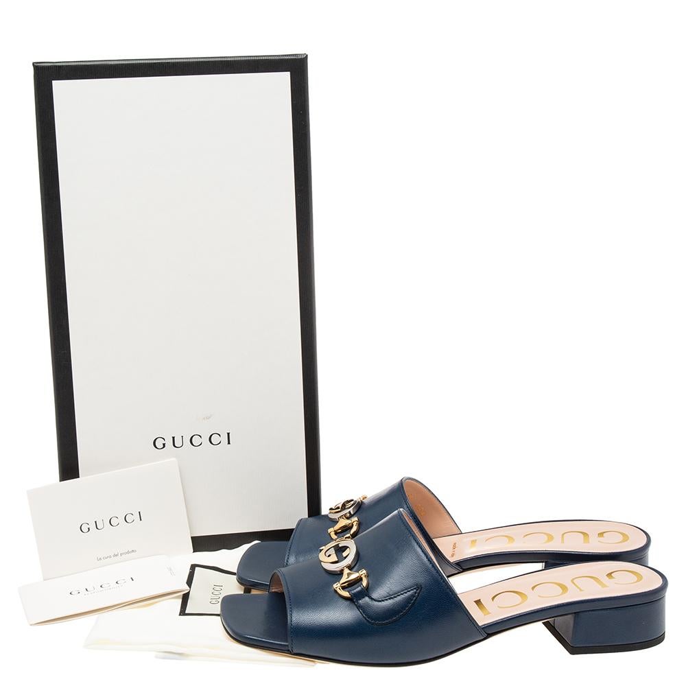 Women's Gucci Navy Blue Leather Zumi GG Interlocking Slide Sandals Size 39