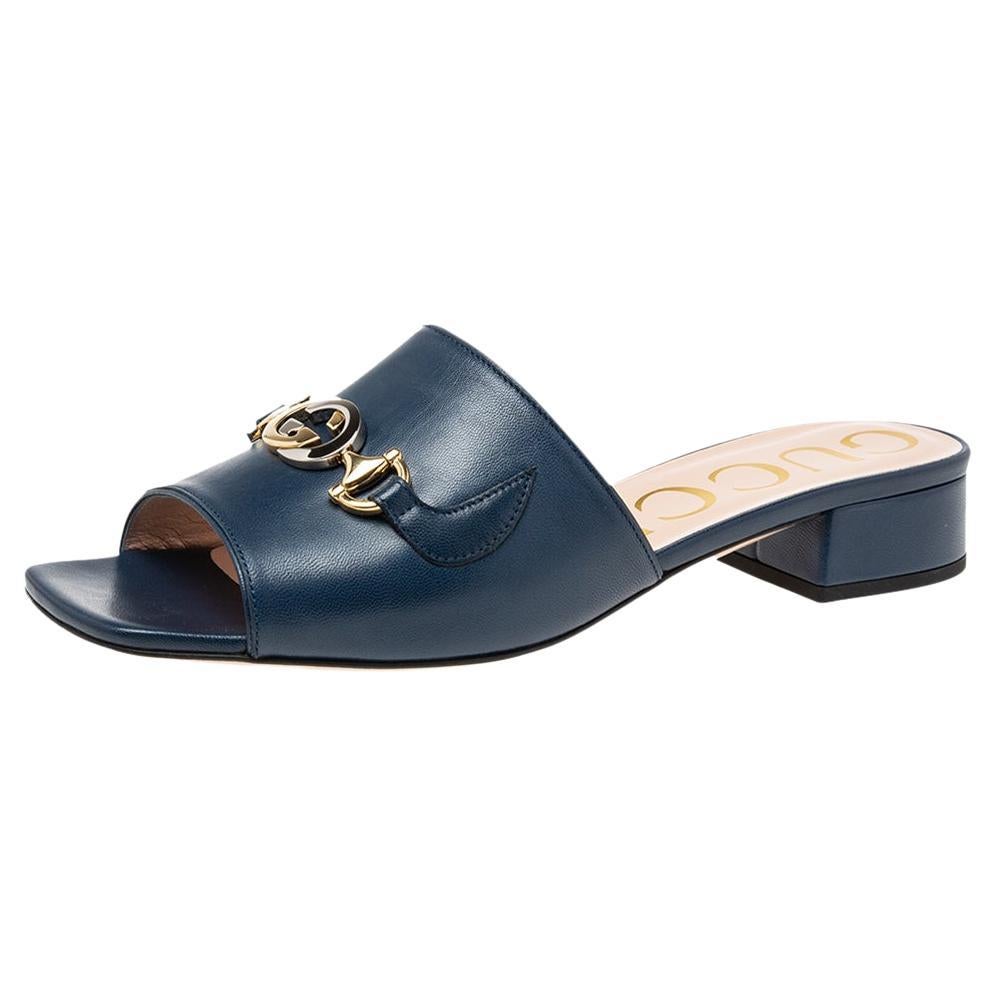 Gucci Navy Blue Leather Zumi GG Interlocking Slide Sandals Size 39