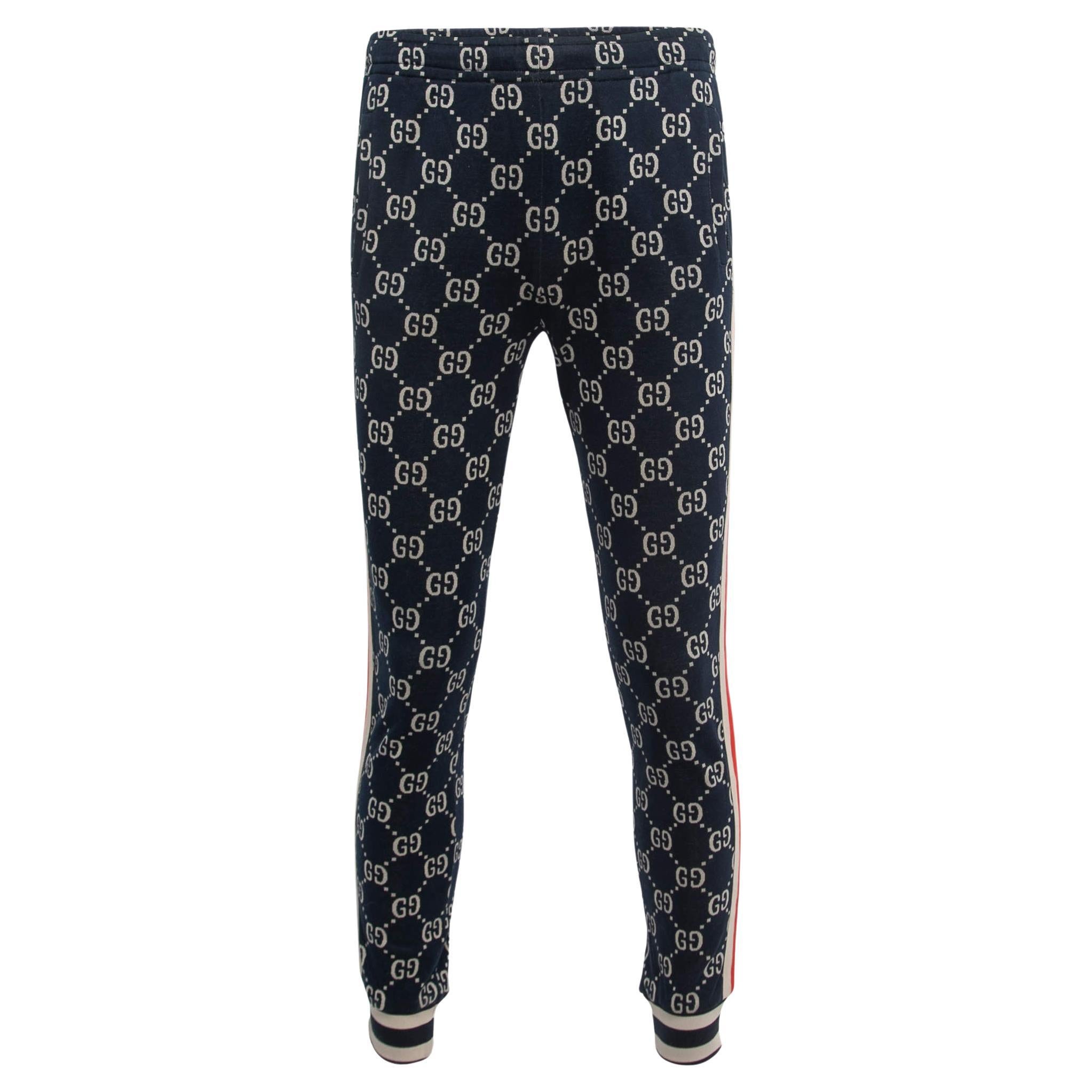 Gucci Navy Blue Logo Jacquard Side Stripe Detail Joggers For Sale