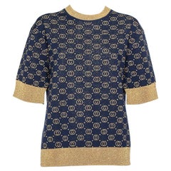 Gucci Navy Blue Logo Pattern Lurex Knit Short Sleeve Sweater S